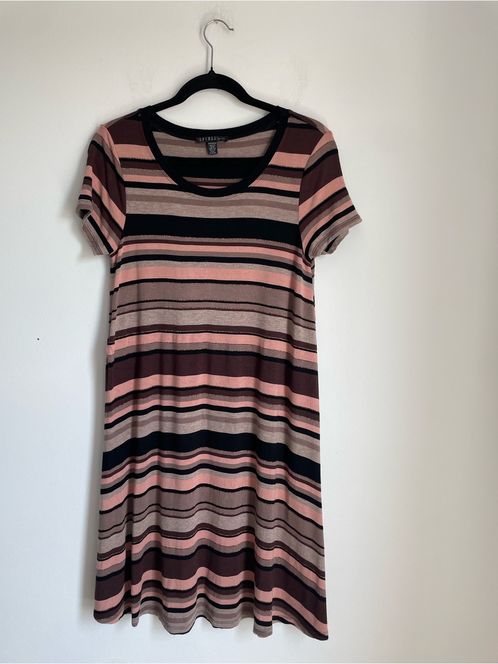 90s Style Striped Knit Soft T-Shirt Dress Metallic Accent